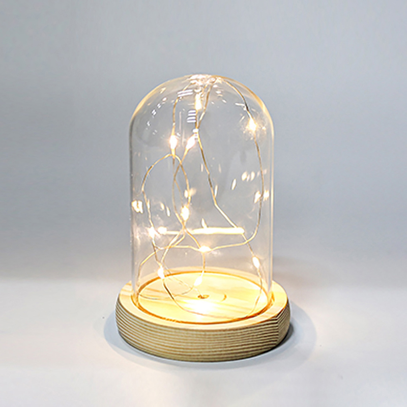 Florist Supply Vases - Glass Dome Wooden Base With LED
